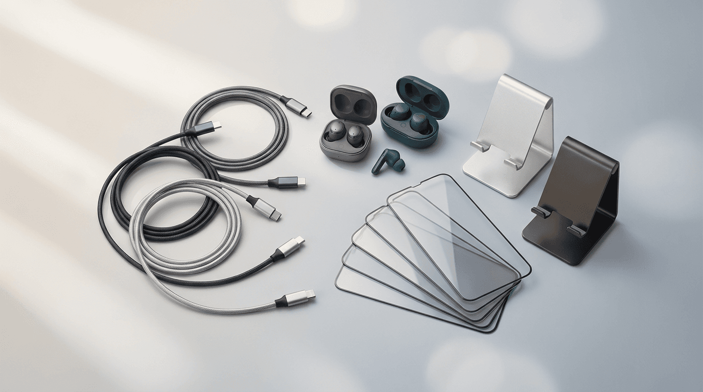 Smartphone and accessories overhead flat-lay