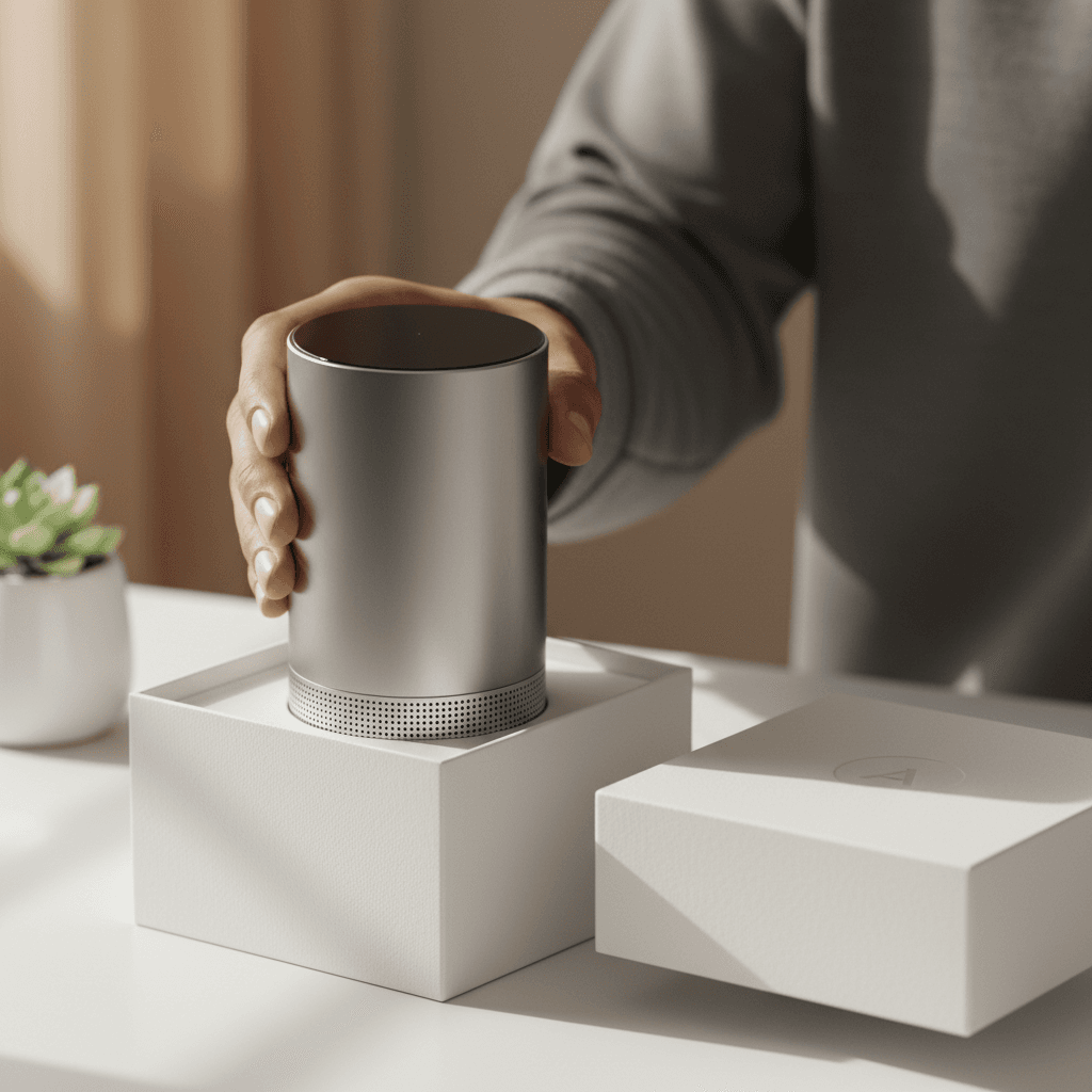 Hands carefully unboxing a new tech product