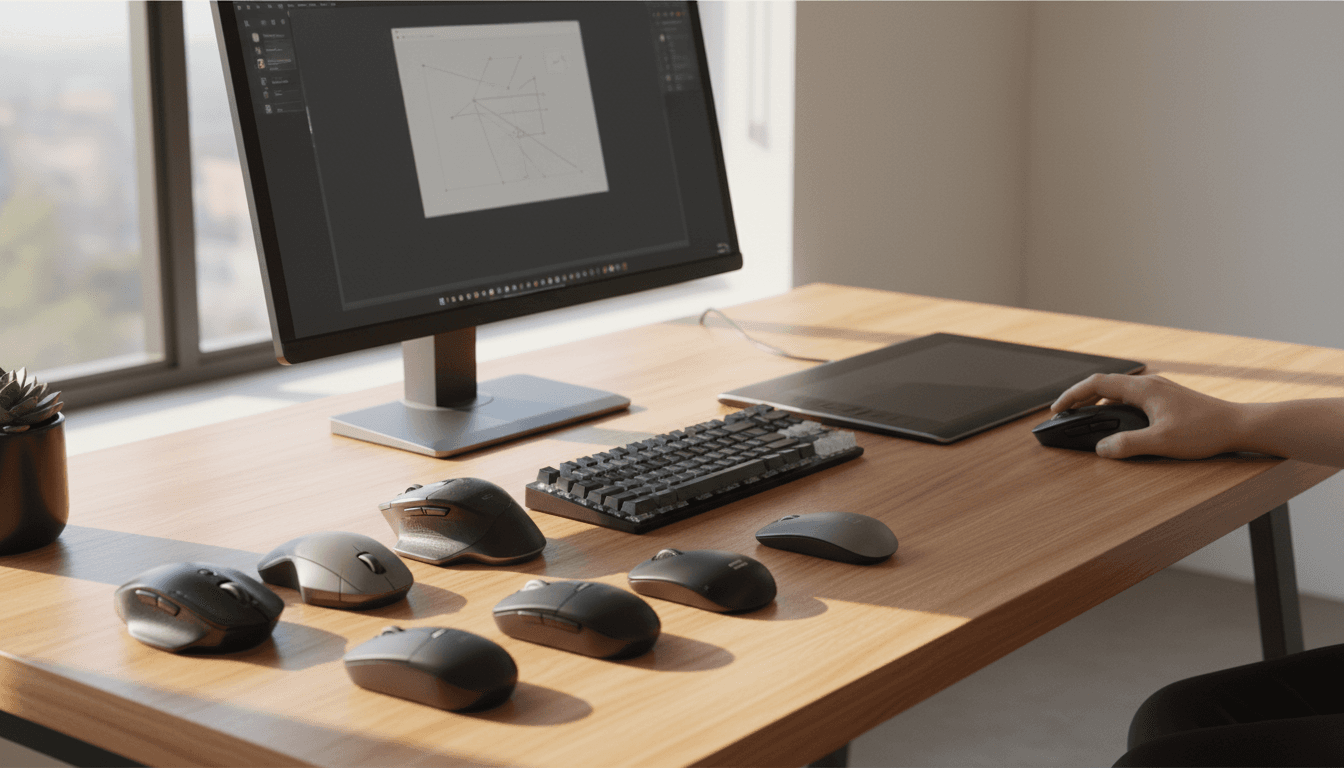 Multiple gadgets arranged on desk during testing